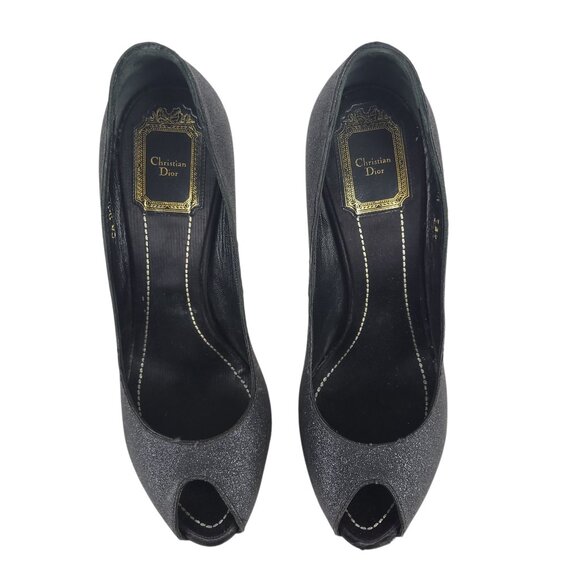 CHRISTIAN DIOR Heels 38.5 Gray Glitter Black Sequin Peep Toe Platform *FLAWS* - Picture 4 of 16